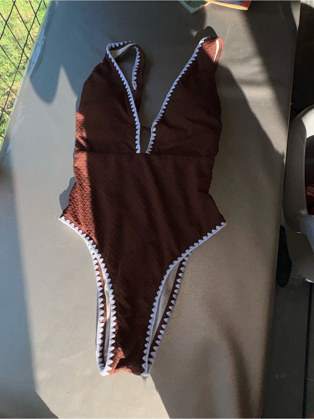 Cupshe Deep V Brown One-Piece Swimsuit with White Trim